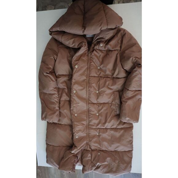 Old Navy Women's Sz M Brown Water-Resistant Quilted Long Hooded Puffer Coat - Picture 13 of 14